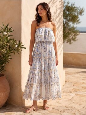 1. STATE White Blue Floral Strapless Smocked Tiered Maxi Dress LARGE